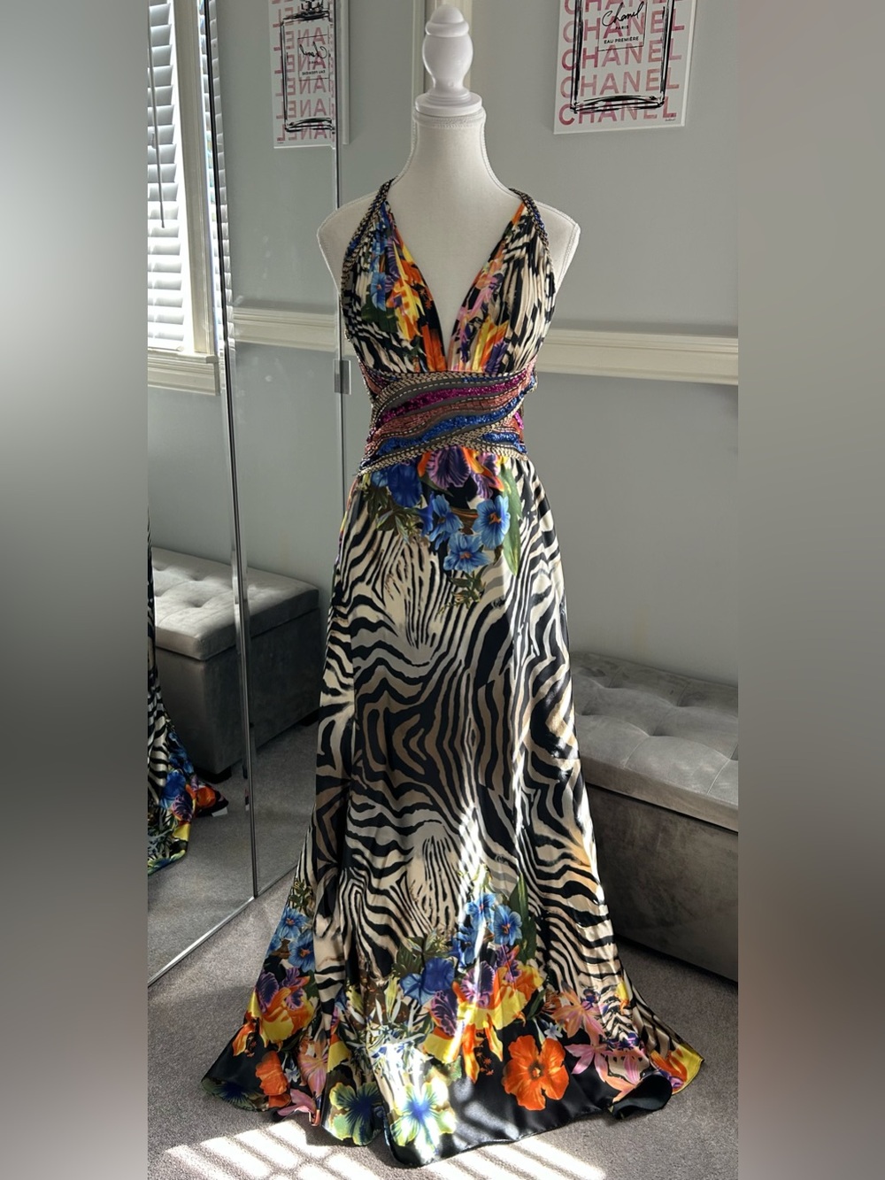 Stunning Vintage Multicolor Floral Zebra Print Beaded Formal/Prom Dress Size 4